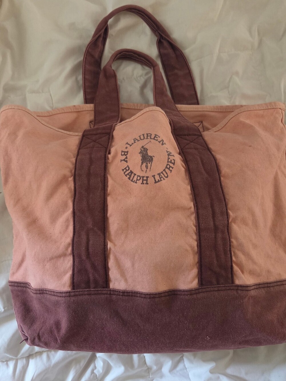 Lauren Ralph Lauren Salmon and Maroon Canvas Weekend Tote